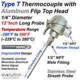 Type T Thermocouple Probe 1/4" Diameter 12 Inches Long with Aluminum Flip Top Head