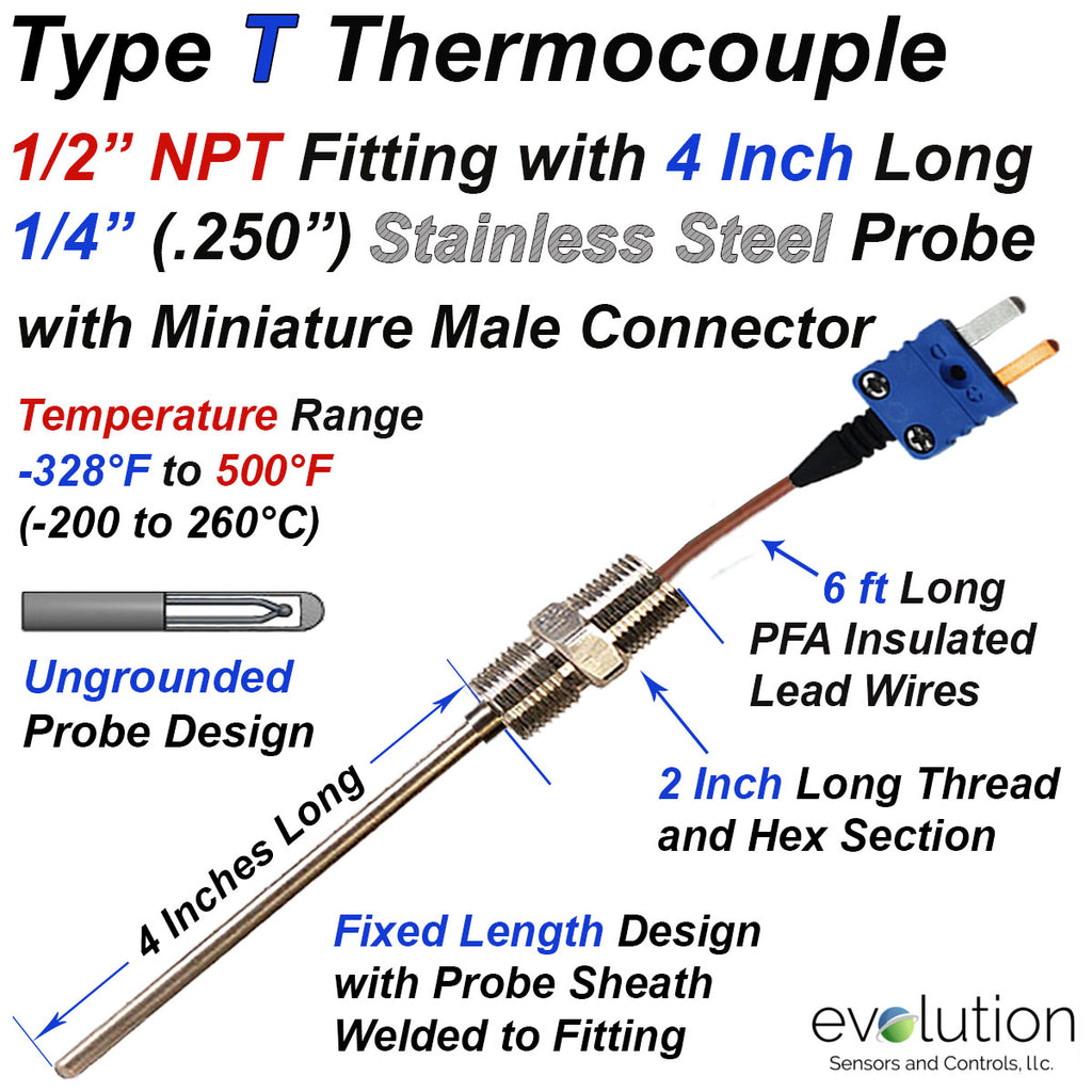 Type T Thermocouple Probe with 1/2" NPT Fitting and 6ft of Lead Wire