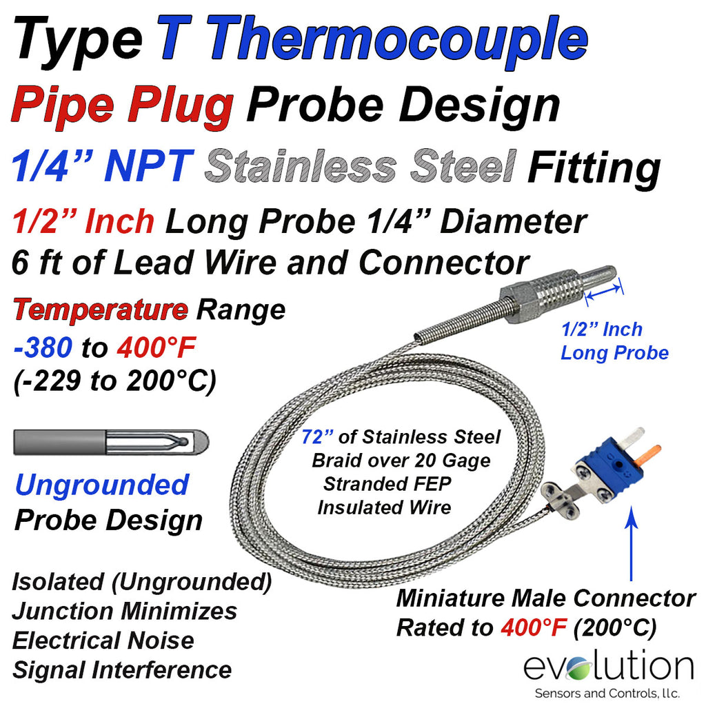 Type T Thermocouple Probe -  Pipe Plug Design