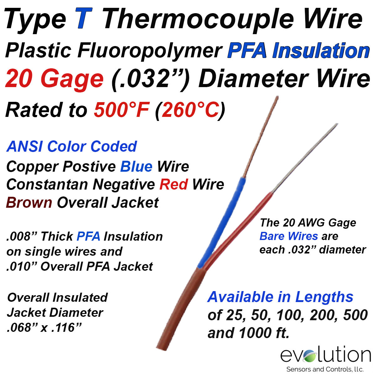 Type T Color Code Type T Thermocouple Wire 20 Gage PFA or FEP Insulated | Evolution ...