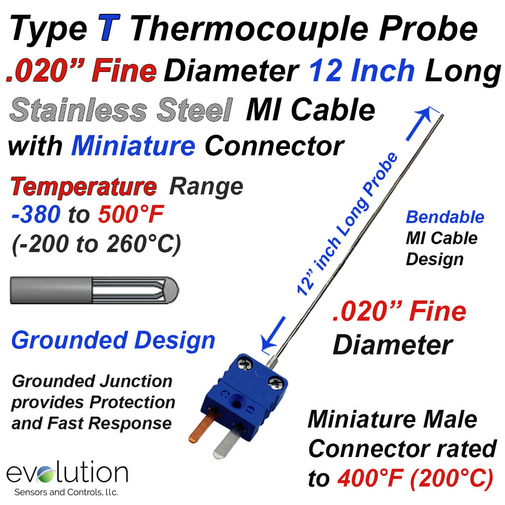 Thermocouple Sensor Type T Grounded 12" Long .020" Dia. Stainless Steel Sheath with Miniature Connector