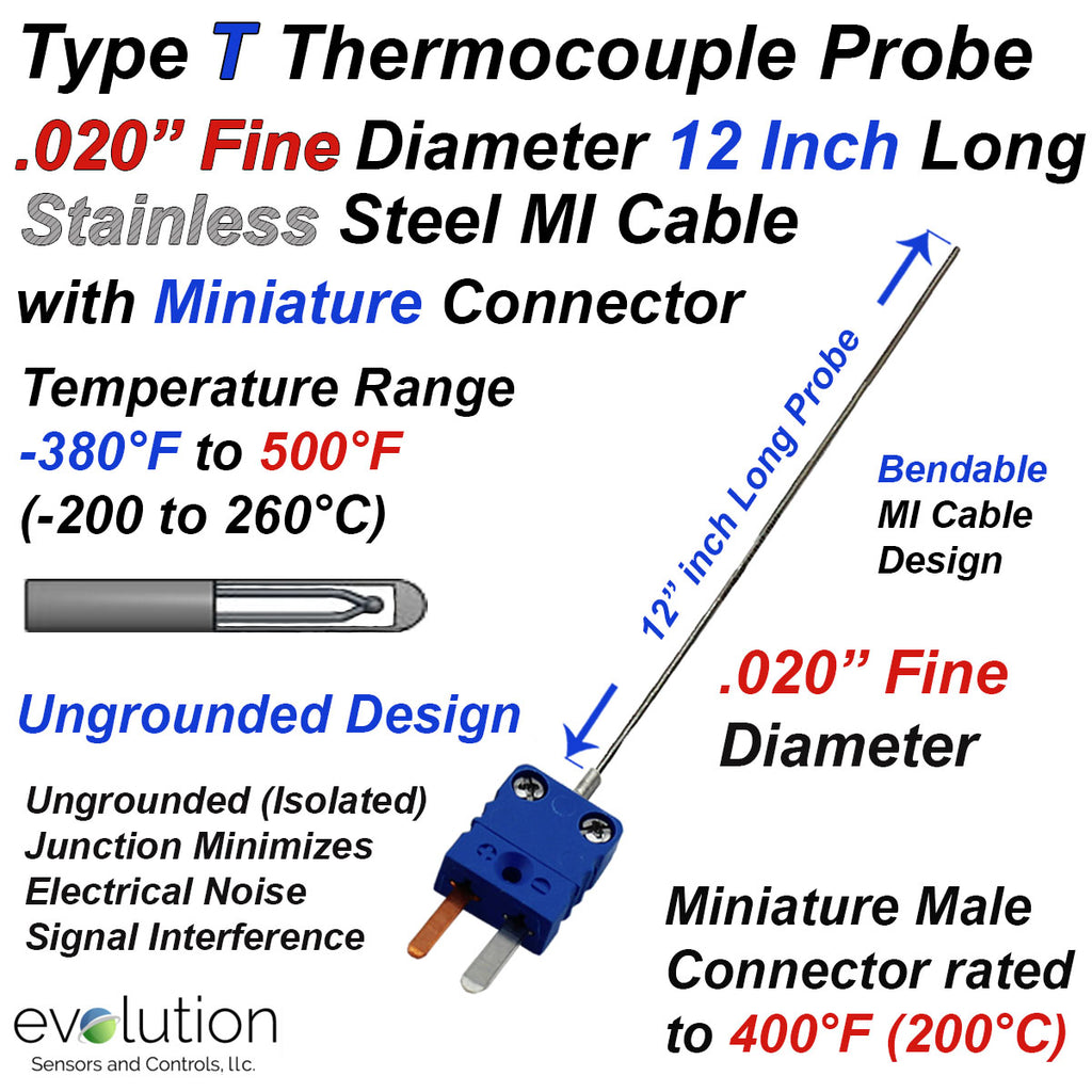 Type T Thermocouple Probe .020" Fine Diameter 12 Inches Long