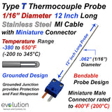 Thermocouple Sensor Type T Grounded 12" Long 1/16" Dia. Stainless Steel Sheath with Miniature Connector