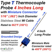 Type T Thermocouple Probe 4 Inch Long 1/16 Inch Diameter with Connector
