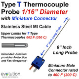 Type T Thermocouple 1/16 Diameter Probe with Miniature Connector