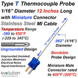 Thermocouple Sensor Type T Ungrounded 12" Long 1/16" Dia. Stainless Steel Sheath with Miniature Connector