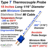 Type T Thermocouple Probe 1/16" Diameter 18 Inches Long Stainless Steel Sheath Ungrounded with Miniature Connector