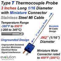 Type T Thermocouple Probe 3 Inch Long 1/16 Inch Diameter with Connector