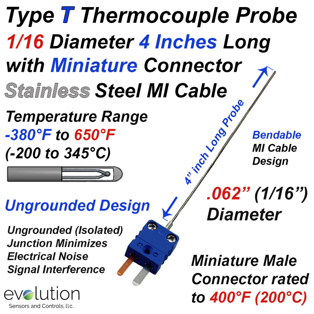 Type T Thermocouple Probe 4 Inch Long 1/16" Diameter with Mini Connector