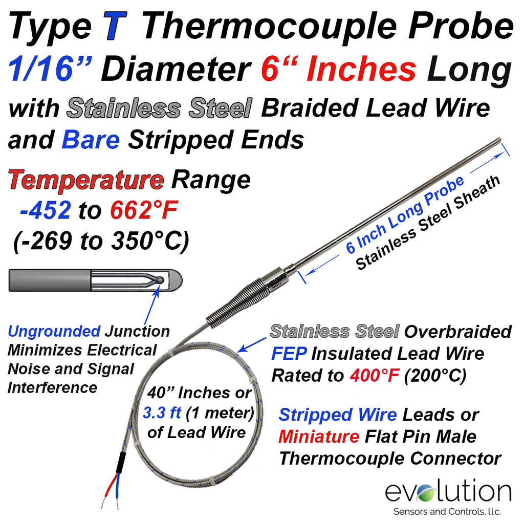Type T Thermocouple Probe with Stainless Steel Overbraided Lead Wires ...