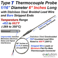 Type T Thermocouple Probe with Stainless Steel Overbraided Wire 