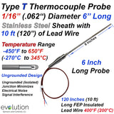 Type T Thermocouple Probe 1/16" Diameter with 120 Inches of Lead Wire