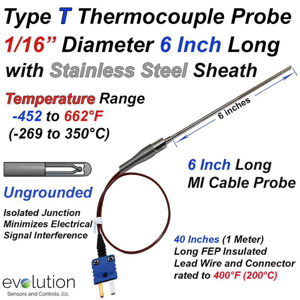 Type T Thermocouple Probe 1/16" Diameter Ungrounded 6 Inches Long with Transition to 40 Inches of FEP Lead Wire with Connector 