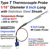 Type T Thermocouple Probe 1/16" Diameter Ungrounded 6 Inches Long with Transition to 40 Inches of FEP Lead Wire with Connector 
