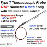 Type T Thermocouple Probe 1/16" Diameter with Transition to Lead Wire