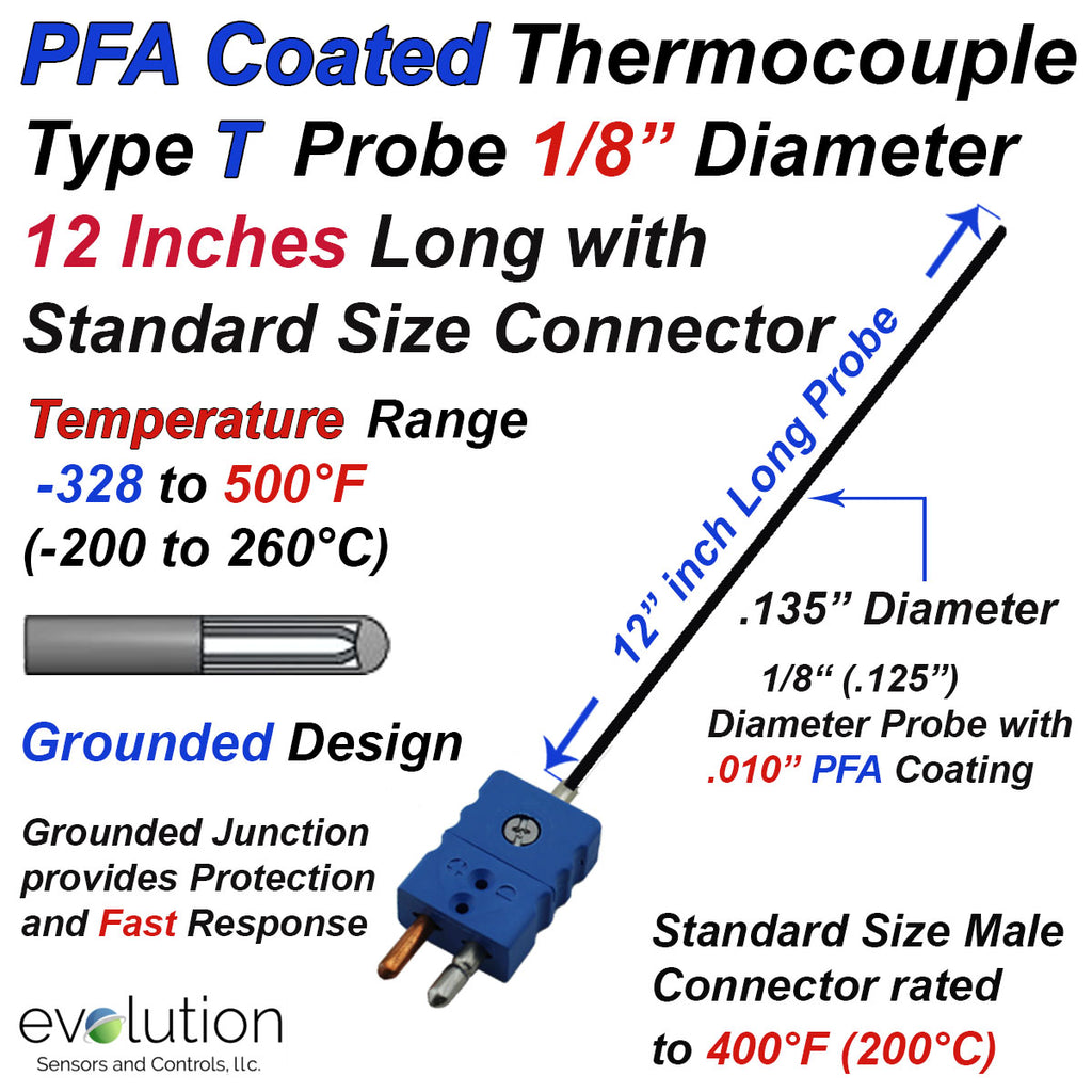 Type T PFA Coated Thermocouple Probe 1/8"diameter 12 Inches Long
