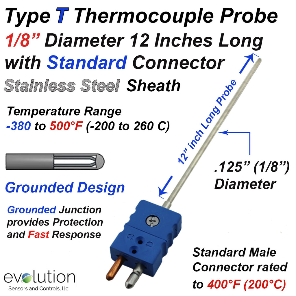 Type T MI Cable Probe Stainless Steel Sheath Grounded 1/8" Diameter 12 Inches Long with Standard Connector