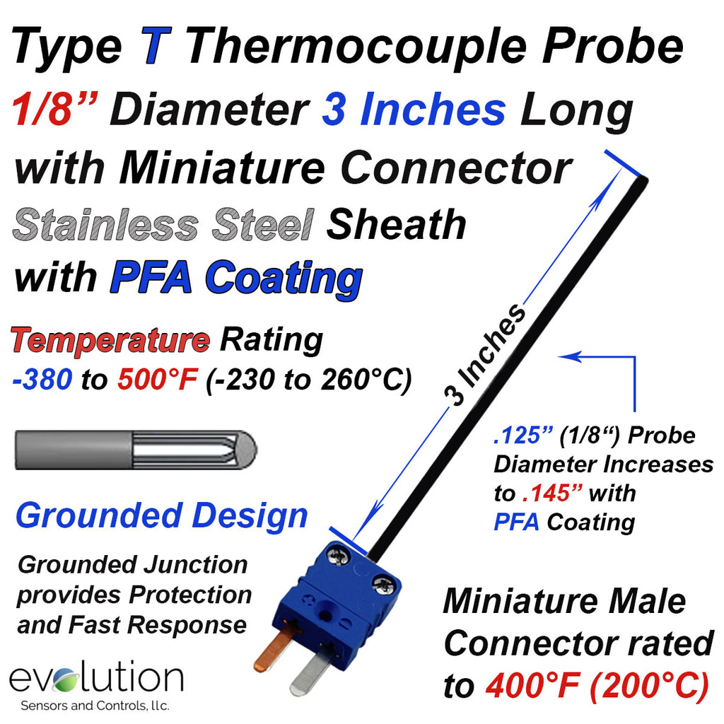 PFA Coated Thermocouple Probe - Type T 3 Inchees Long  with Miniature Connector