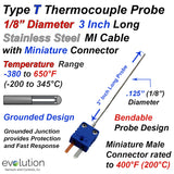 Thermocouple Sensor Type T Grounded 3" Long 1/8" Dia. Stainless Steel Sheath with Miniature Connector