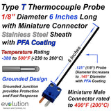 Type T PFA Coated Thermocouple Probe  6" Long 1/8" Diameter with Miniature Conenctor 