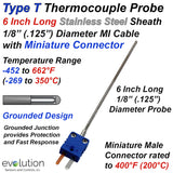 Type T Thermocouple Probe 1/8" Diameter with Miniature Connector