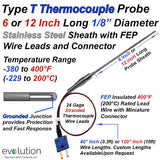Type T Thermocouple Probe 1/8" Diameter with Lead Wire and Miniature Connector