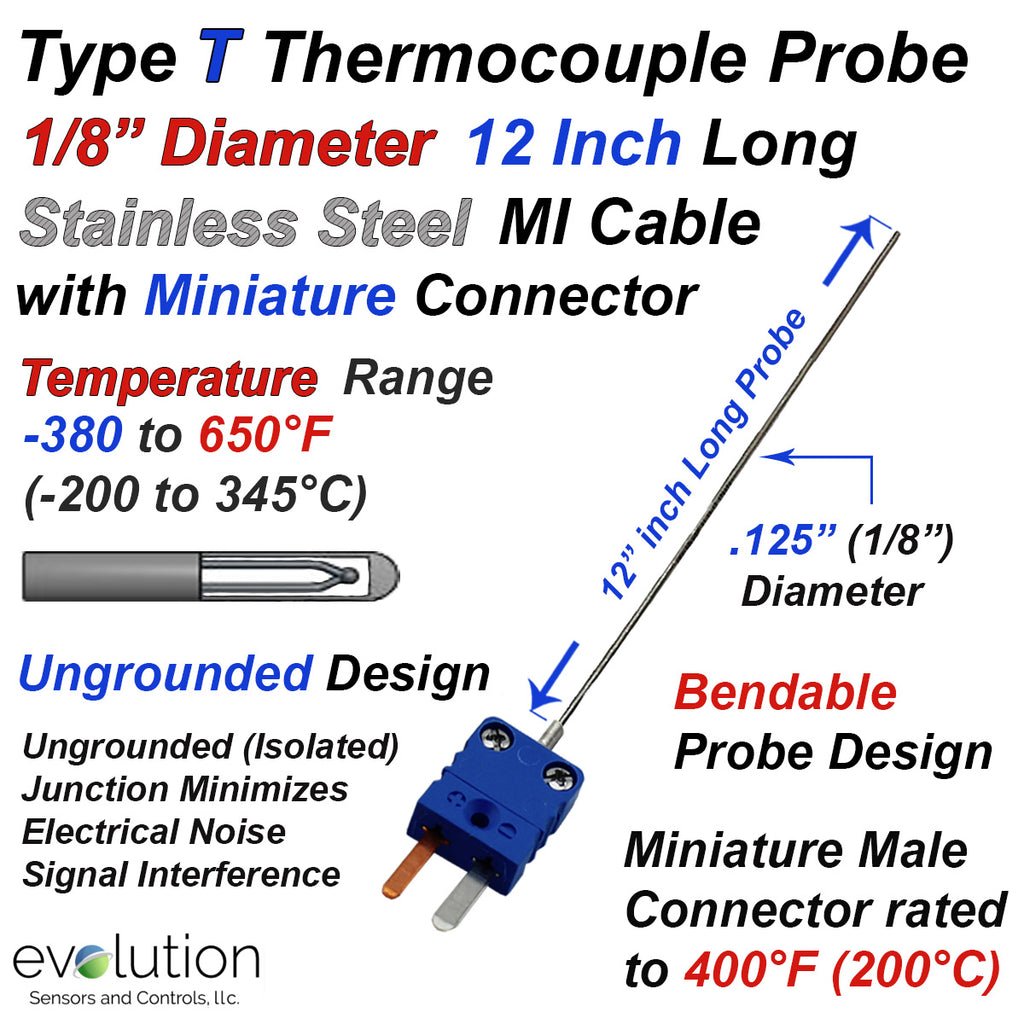 Thermocouple Sensor Type T Ungrounded 12" Long 1/8" Dia. Stainless Steel Sheath with Miniature Connector
