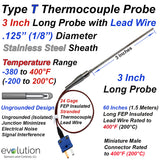 Type T Thermocouple Probe 1/8" Diameter with 5ft Leads and Connector