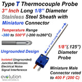 Type T Thermocouple Probe | 1/8" Diameter 3 Inch Long with Miniature Connector
