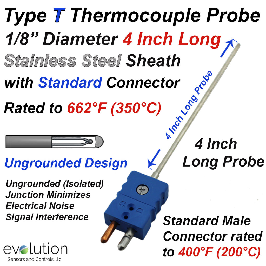 Type T Thermocouple Probe with Standard Connector | 4 Inches Long 1/8" Diameter