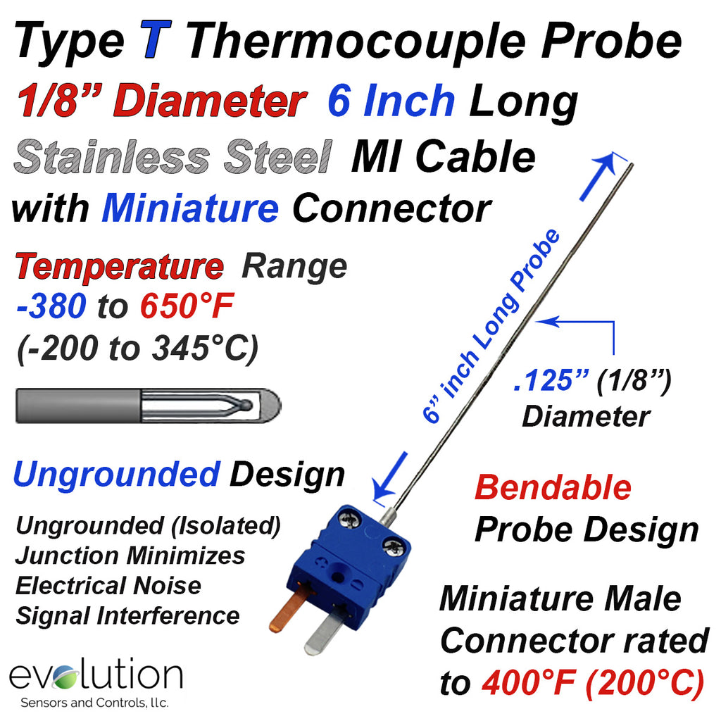 Thermocouple Sensor Type T Ungrounded 6" Long 1/8" Dia. Stainless Steel Sheath with Miniature Connector