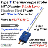 Type T Thermocouple Probe Ungrounded 1/8" Diameter 6 Inches Long with Standard Connector