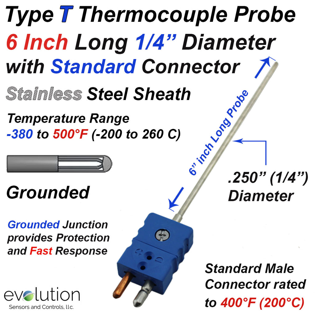 Type T Thermocouple 1/4" Diameter 6 Inch Long Probe with Connector
