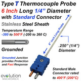 Type T Thermocouple 1/4" Diameter 6 Inch Long Probe with Connector