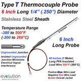 Type T Thermocouple Probe 1/4" Diameter 6 Inch Long with Wire Leads 
