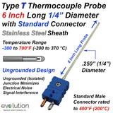 Thermocouple Sensor Type T Ungrounded 6" Long 1/4" Dia. Stainless Steel Sheath with Standard Connector