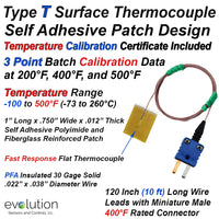 Type T Surface Thermocouple with Adhesive Patch and Calibration Report