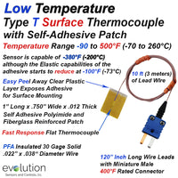 Type T Surface Thermocouple for Low Temperatures with Adhesive Patch