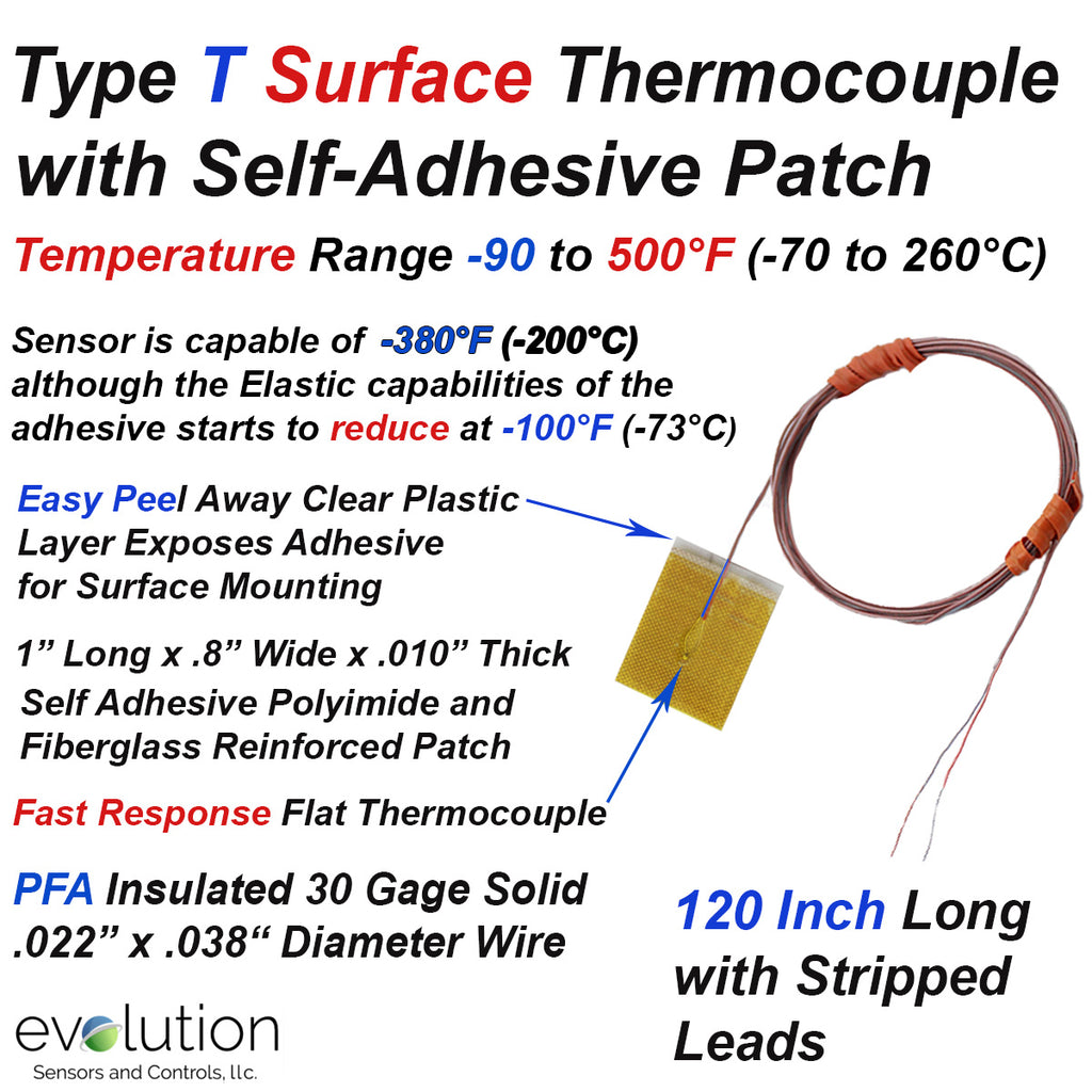 Surface Thermocouple Type T with Surface Mount Adhesive Patch and 120 inches of 30 Gage PFA Insulated Wire with Stripped Leads