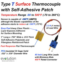 Surface Thermocouple Type T with Surface Mount Adhesive Patch and 40 inches of 30 Gage PFA Insulated Wire with Miniature Connector