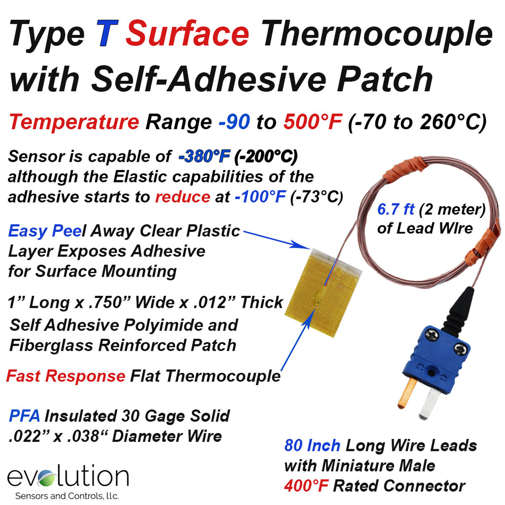 Surface Thermocouple Type T with Surface Mount Adhesive Patch and 80 inches of 30 Gage PFA Insulated Wire with Miniature Connector