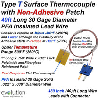 Type T Surface Thermocouple Non-Adhesive Patch Design with 40ft (480 inches) of 30 Gage Solid PFA Insulated Wire Leads with Miniature Male Flat Pin Connector (No Silicone Strain Relief)