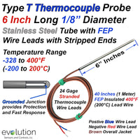 Type T Thermocouple Probe 6 Inches Long 1/8