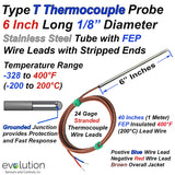 Type T Thermocouple Probe 6 Inches Long 1/8" Diameter Sheath with 40 Inches (1 Meter) of Lead Wire