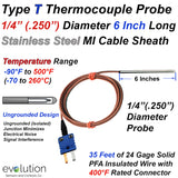 Type T Thermocouple Probe with 35 ft of Lead Wire and Miniature Connector