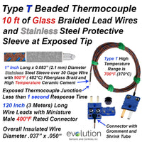 Type T Thermocouple with 10 ft of Glass Braid Insulated Leads and a Protective Stainless Steel Sleeve at the Exposed Tip - Miniature Male Connector Termination