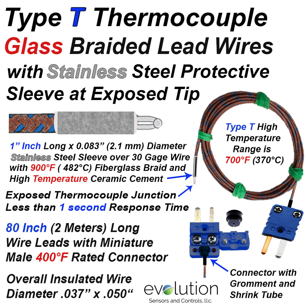 Type T Thermocouple with Glass Braid Insulated Leads and Protective Stainless Steel Sleeve at Exposed Tip with 2 Meters of 30 Gage Wire Leads with Miniature Connector