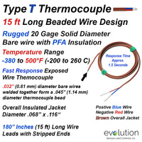 T Type PFA Insulated Thermocouple Rugged Exposed Design with 15 ft Leads