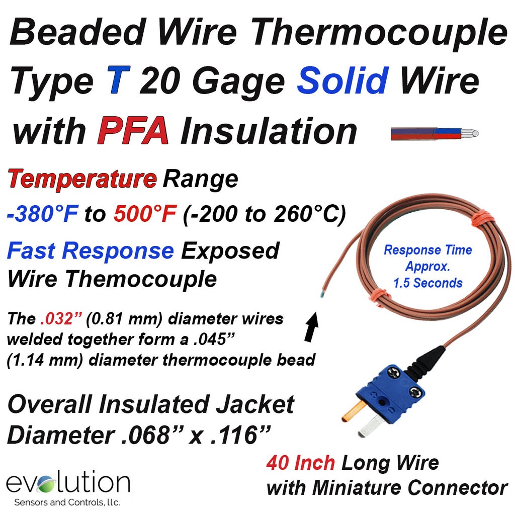 Thermocouple Beaded Wire Sensor Type T 20 Gage PFA Insulated 40 inches long with Miniature Connector