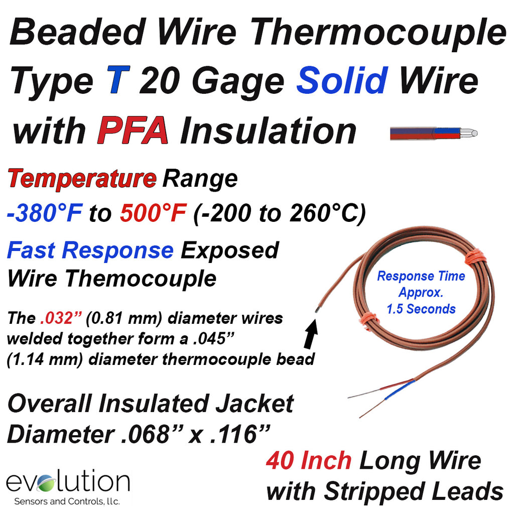 Rugged 20 Gage Type T Beaded Wire Thermocouple with Stripped Leads